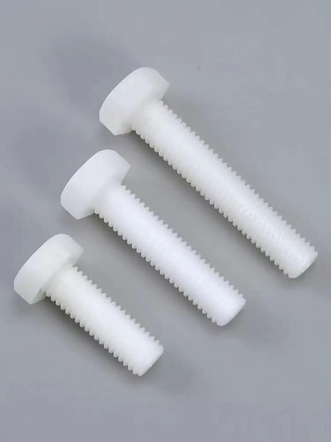 Badass PTFE Plastic Hex Cap Screws Five Pack Featuring M8 Precision Cut Bolts, three white bolts displaying size variations.