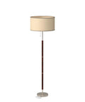 LED Floor Lamp With Walnut Wood Finish And Drum Shade Mid Century Modern Style with linen drum shade and silver base.