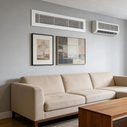 Heavy Duty 19X19 Aluminum Return Air Vent Cover With Removable Mesh Filter And Louvered Wall Grille For Hvac Systems above a beige couch in a modern living room.