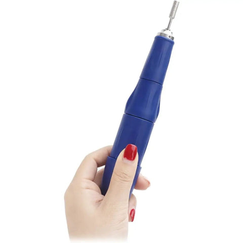 Hand holding blue multifunction dental grinder rotary tool with adjustable speed pro grade power low noise for grinding and polishing.