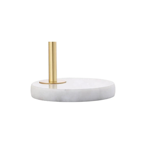 Gold And White Modern Metal Marble LED Bedside Lamp base with brass arm and marble surface, Scandinavian style for bedroom and living room.