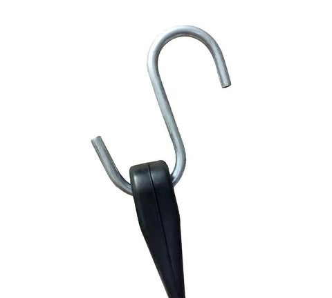 Close-up of galvanized steel S hook with black EPDM strap, part of 21 Inch EPDM Tarp Bungee Straps 50 Pack Made In USA Heavy Duty