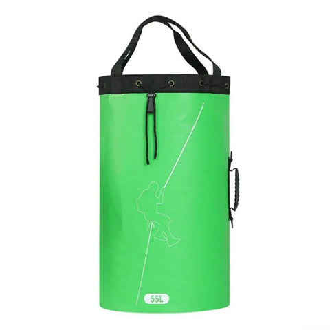 Climbing Rope Bag 55L, Heavy-Duty Polyester PVC Storage Backpack with Drawstring Closure, shown in green with graphic.