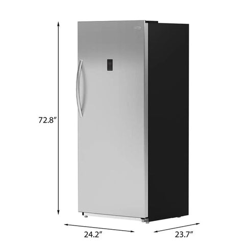 Hella Roomy 21 Cu Ft Upright Refrigerator Freezer Combo, silver exterior, 72.8" tall and 24.2" wide, smooth rolling casters.