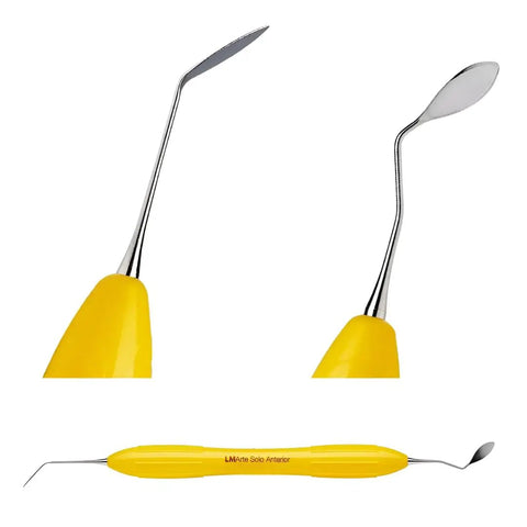 Precision Dental Resin Filling Spatula Set With Smooth Operator Build For Flawless Composite Application And Quick Detailing Featuring No Sweat Cleanup And Built Different Durability, showing stainless steel spatulas with yellow ergonomic handles.
