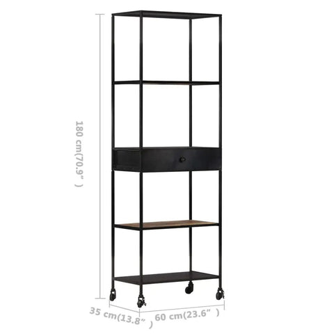 Rough Mango Wood Bookcase With Iron Accents Dope Industrial Style Four Shelf Cabinet With Drawer Tall 70.9 Inch Storage