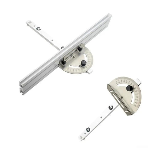 Pro-Grade Router Sled Accessory Kit with angle ruler, guide rail, shown in aluminum for precise miter angles in woodworking projects.