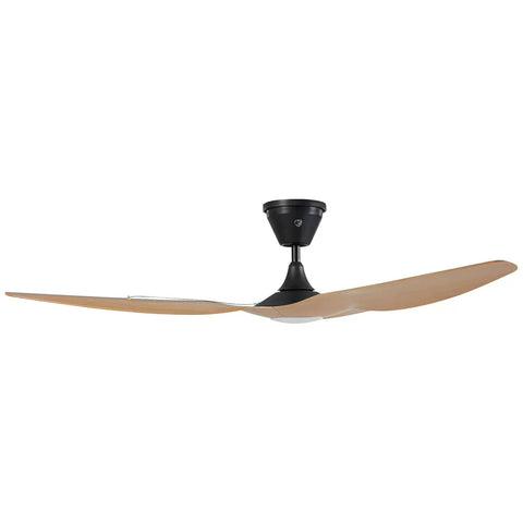 Built Tough Smart Outdoor Ceiling Fan Marine Coastal Grade Wet Rated Salt Resistant Storm Ready With Wireless Remote Control And Universal Mount And Ten Inch Extension Tube For Rough Sea Breeze Decks ceiling fan with matte black motor and wood blades.
