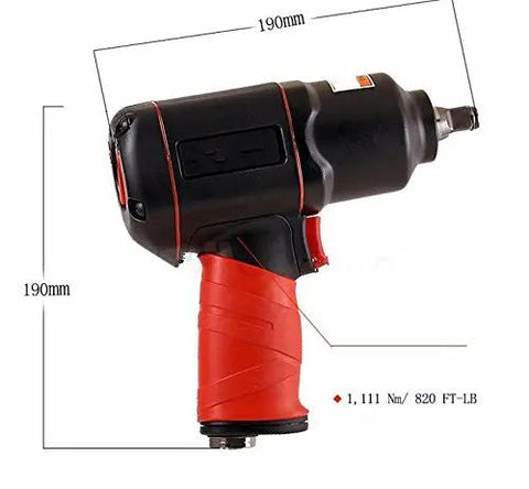 Professional Grade Badass Air Impact Wrench 3/8 Inch Drive 1100 Nm Max Torque 90 Psi Pneumatic Tool showing dimensions and design.