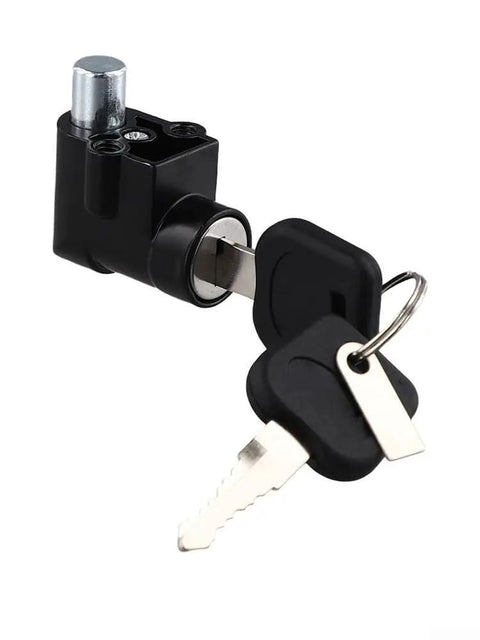 Secure Metal Lock Cover For Hailong E Bike Battery Case Silver Heavy Duty Anti Theft Protection Fits Model 1 Plus Robust Replacement To Keep Your Ride Safe From Thieves. black metal e-bike battery lock cover with keys, silver cylinder, side view