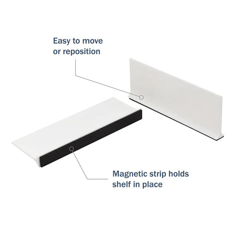 Dead Simple Magnetic Shelf Divider That Makes Your Fridge And Cabinet Look Hella Tidy With Heavy Duty White Plastic Dividers For Vitamins Books And Snacks Straight Up Kitchen Organization Essential showing two magnetic dividers with labels.