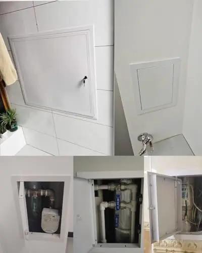 Built Tough Lockable Drywall Access Hatch With Galvanized Aluminum Frame For Hvac Pipes And Electrical Wiring Dead Easy Wall Inspection Panel Cover For Attic Garage Or Basement Utility Lines installed in wall with utilities visible inside