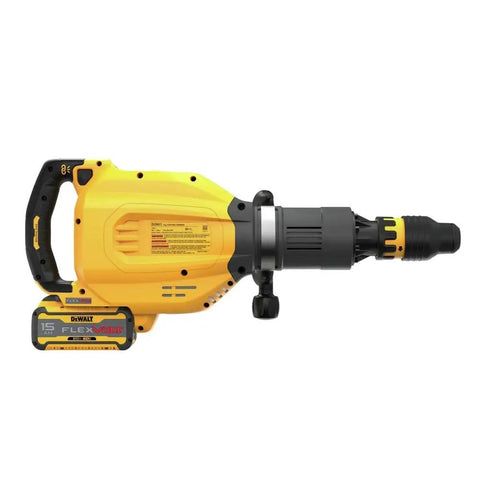 High Power 60V Brushless Cordless Chipping Hammer With SDS Max Chuck; yellow color, side view with battery attached.