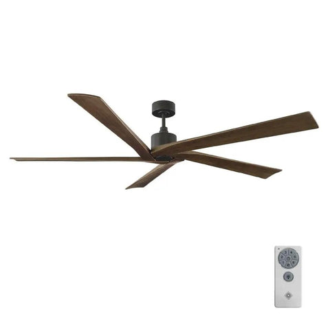 Top Shelf 70 Inch Ceiling Fan Featuring Five Wide Sweeping Blades In Sleek Aged Pewter Finish hangs with remote for easy control.
