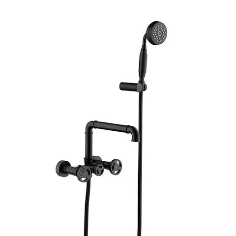 Modern Industrial Pipe Wall Mounted Bathtub Filler Faucet With Hand Shower Three Handle Tub Faucet Swivel Spout Kit Heavy Duty