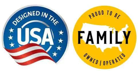 Badges stating 'Designed in the USA' and 'Proud to be Family Owned and Operated' with a map and flag design.