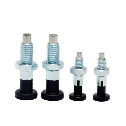 Top-Shelf Indexing Plunger Lock Pin Index Bolt M10-1.5 Coarse Thread Screw stainless steel bolts of varying sizes, used for precise workholding.