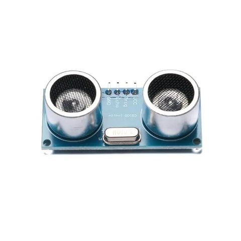 HC-SR04 ultrasonic sensor module for Arduino projects, featuring two transducers on a blue PCB, ideal for distance measurement.