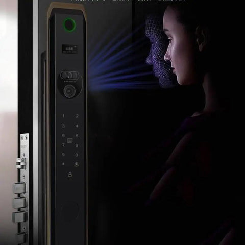 Level Up Your Home Security With This Fully Automatic Fingerprint Lock And Bright Display Made For Wooden Doors, showing face scanning feature.