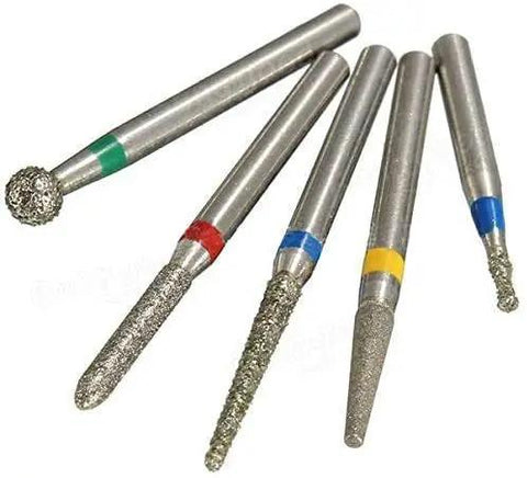 Killer Performance 50 Pc Diamond Burs FG Shank Dental Bits With Natural Diamond Coating And Rugged Stainless Steel Shafts To Crunch Through Any Material Fast While Delivering Pro Results You Can Trust Every Time, five diamond burs with varying shapes.