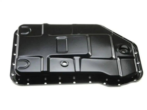 Straight Up Heavy Duty Gearbox Oil Pan Replacement For Automatic Transmissions Featuring Bulletproof Steel Construction Exact Oem Fitment And Rock Solid Everyday Driving Reliability 02T301211B, view showing smooth black surface and mounting holes.