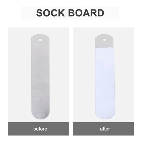 Aluminum Sock Jig Set For Sublimation 17.71 Inch 4 Pack Keeps Socks Flat And Straight During Heat Press Process Durable Metal Inserts For Crew Socks DIY Custom Printing shown with sock before and after application.