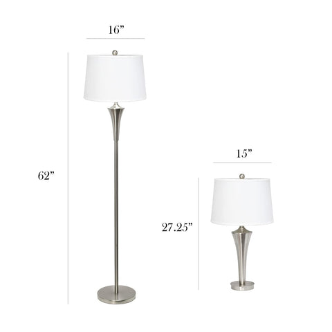 Tapered 3 Lamp Set With White Fabric Shades In Brushed Nickel, Includes 2 Table Lamps And 1 Floor Lamp, shown with dimensions