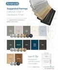 Amerock suggested pairings for cabinet colors and hardware finishes with various color and finish samples displayed.