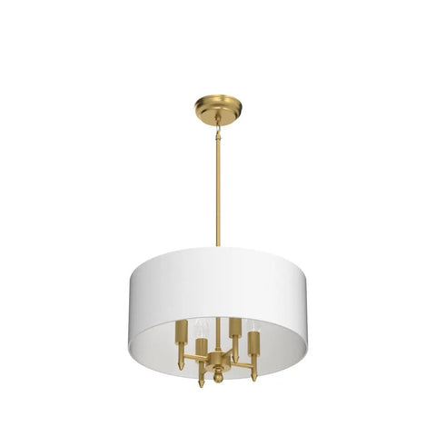 4 Light Modern Chandelier With White Linen Drum Shade In Antique Brass Finish For Dining Room, Living Room, Kitchen Island And Foyer