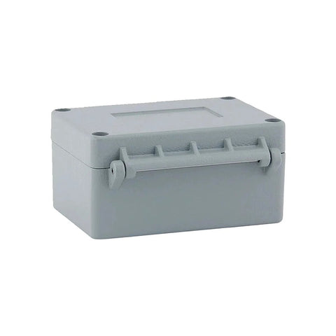 Gray cast-aluminum outdoor junction box with hinged latch; IP66 waterproof.