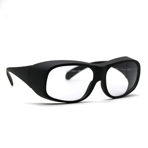 Top Tier Curved CO2 Laser Safety Glasses Packing Knockout 10600NM OD6 Shielding And Tight 90PCT VLT Clarity in black, side view.