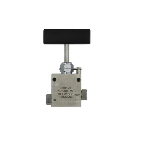 Front view of SS316 stainless steel hand-operated needle valve with black rectangular knob; IN/OUT ports, 40,000 psi.