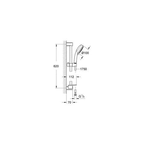 Diagram of Tempesta Cosmopolitan 100 Four Spray Shower Rail Set In Starlight Chrome 24 Inch Bar DreamSpray Hand Shower dimensions.