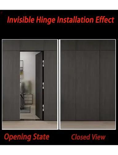Heavy Duty Silent Pivot Hinge With Soft Close Concealed Hardware For Wood And Folding Doors In Silver installation effect shown with door open and closed views.