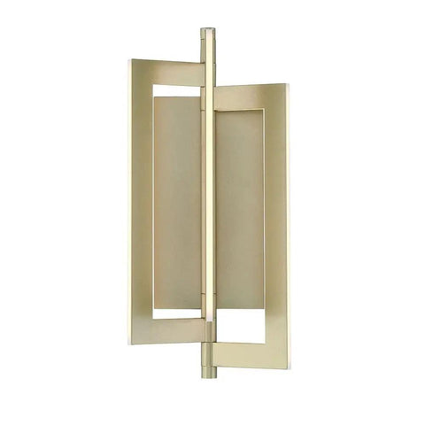 Slick Modern Wall Sconce With Asymmetrical Fan Frame LED Light Featuring Water Mill Inspired Gold Finish close-up view.