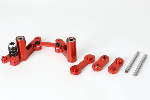 Next CNC Aluminum Steering Servo Saver For 1 To 5 Scale RC Car Upgrades Precision Control And Rock Solid Grip Compatible With Hpi Baja Rovan Km 5b Ss 5t 5sc In Bright Red parts including aluminum links, adjusters, and hardware.