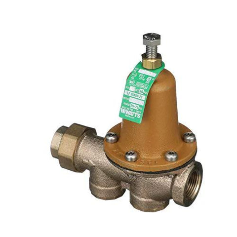 Watts LF25AUB-Z3 water pressure reducing valve, brass body, 3/4 in NPT female unions.