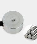 5kg Button Type Compression Load Cell Sensor With 2m Cable, Tiny But Mighty Miniature Strain Gauge Scale For Precise Weighing, IP66 Stainless Steel, Low Height 7mm, 13mm Diameter, Great For Compact Scales. Stainless steel button load cell with 2m cable, close-up.