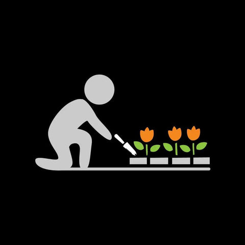 Illustration of a person using a Soil Scoop With Fiber Composite Handle For Planting And Potting Pro Grade Lightweight Hand Shovel in a garden.