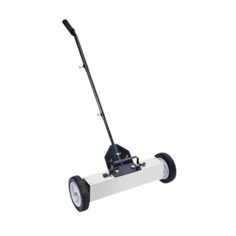 18 Inch Metal Pickup Lawn Sweeper Broom With Adjustable Handle And Wheels for collecting iron filings in workshops.
