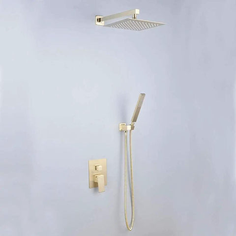 Wall Mount Shower Set With 10 Inch Square Rainfall Head And Dual Function Handheld Sprayer installed in a bathroom setting.