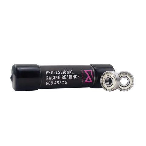 Slick Pro-Grade ABEC-9 608 Skate Bearings Pre-Lubricated Heavy-Duty Dual-Ball Shield Design displayed with protective tube.