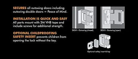 Heavy Duty Door Security Lock And Anti Pry Latch Reinforces Inswing And Outswing Entry Doors Quick No Sweat Setup With Screw Mounting And Three M Tape Black Finish Keeps Your Place Built Different And Secure, showing installation details and safety insert for childproofing.