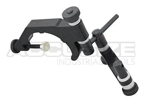 Accusize universal indicator holder for dial test indicator; black metal with adjustable arms and clamp.