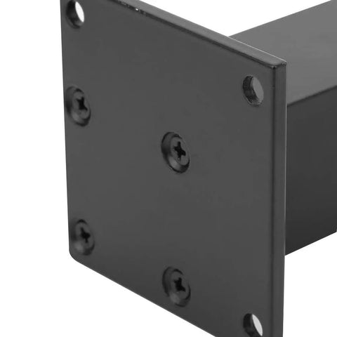 Close-up of black square base of adjustable aluminum sofa leg, part of 4-pack heavy duty feet for cabinets and furniture.