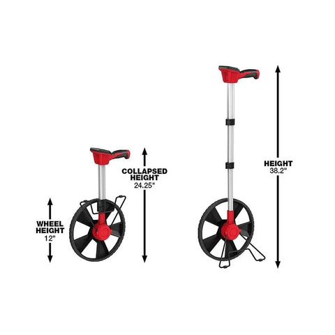 New 48-22-5112 for Milwaukee 12 In. Digital Measuring Wheel Red/Black shown in collapsed and extended heights with dimensions.