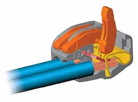 Close-up view of an orange lever connector from the 140 Piece Push In Wire Nuts Assortment, designed for solid stranded copper wiring.