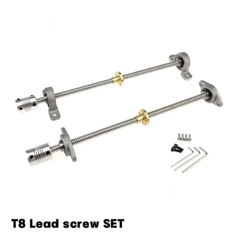 Top Notch 3D Printer Parts T8 Lead Screw Vertical Horizontal Kit With KFL08 Or KP08 Nut Bearing Diameter 8mm Pitch 2mm, shown with couplers and mounts