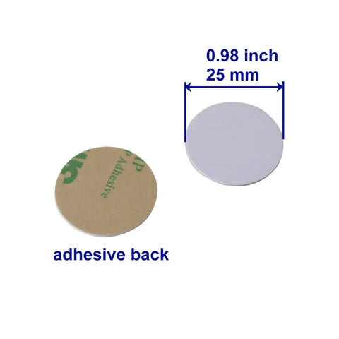Writable 125kHz RFID Sticker Cards Set 10 Pcs 25mm Dia T5577 Proximity Blank Tags showing front and adhesive backing