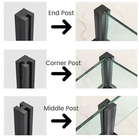 Top Tier Black Glass Railing Kit With Stainless Steel Deck Support showing end, corner, and middle post components for installation.